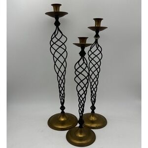 Vintage Spiral Shape Pattern Green Patinaed Brass Candle Holders 21",19",16" EUC
